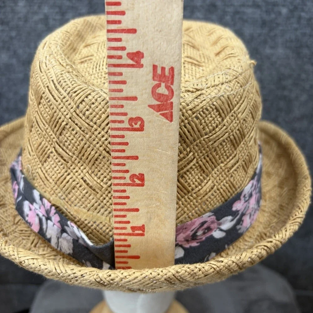 Lucy Love Straw Fedora Hat Womens OS Tan Floral Band Woven Sun Beach Summer Boho